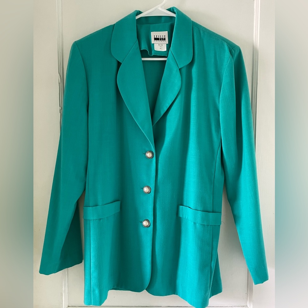 Vintage Leslie Kay Teal Pearl Button Blazer 80’s/90’s